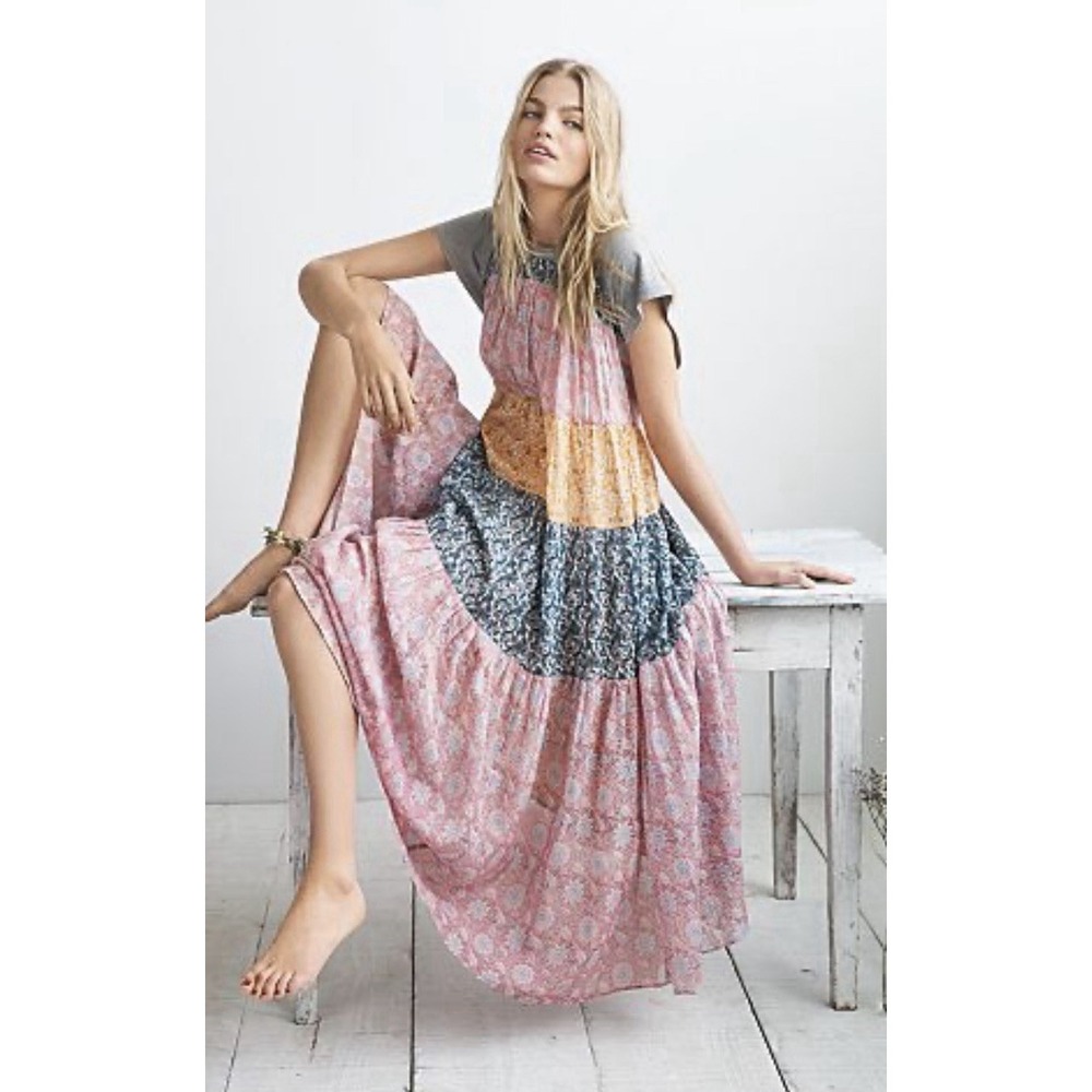 Free People Party All Around T-Shirt Maxi Dress Tiered Boho Patchwork ,‎ Size XS